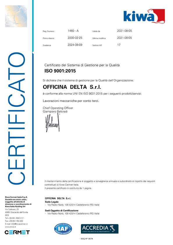 Azienda certificata iso 9001 Kiwa Cermet | Officina Meccanica Delta